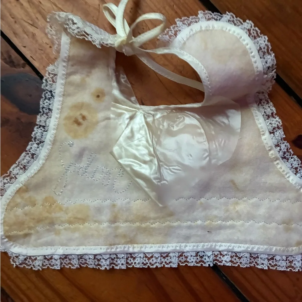 Vintage Delicate Ivory Lace Baby Bib with Bow